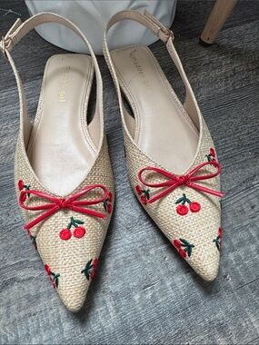 Madden Girl Natural Woven Slingback Flats with Red Cherry Embroidery